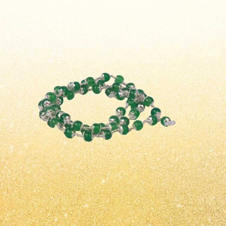 GREEN AVENTURINE ROUND BEADS SILVER CAP MALA